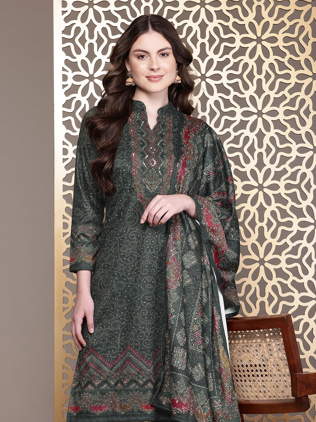 Cayman Bandhani Printed Regular Beads and Stones Pure Wool Kurta with Trousers & Dupatta