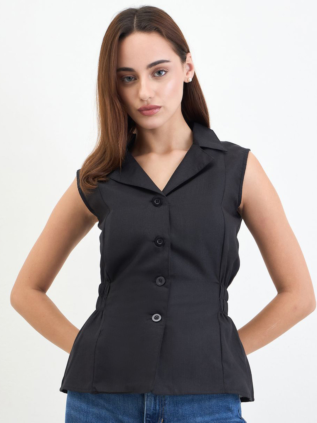 Styli Women Solid Notch Lapel Shirt With Elasticated Waist Detail