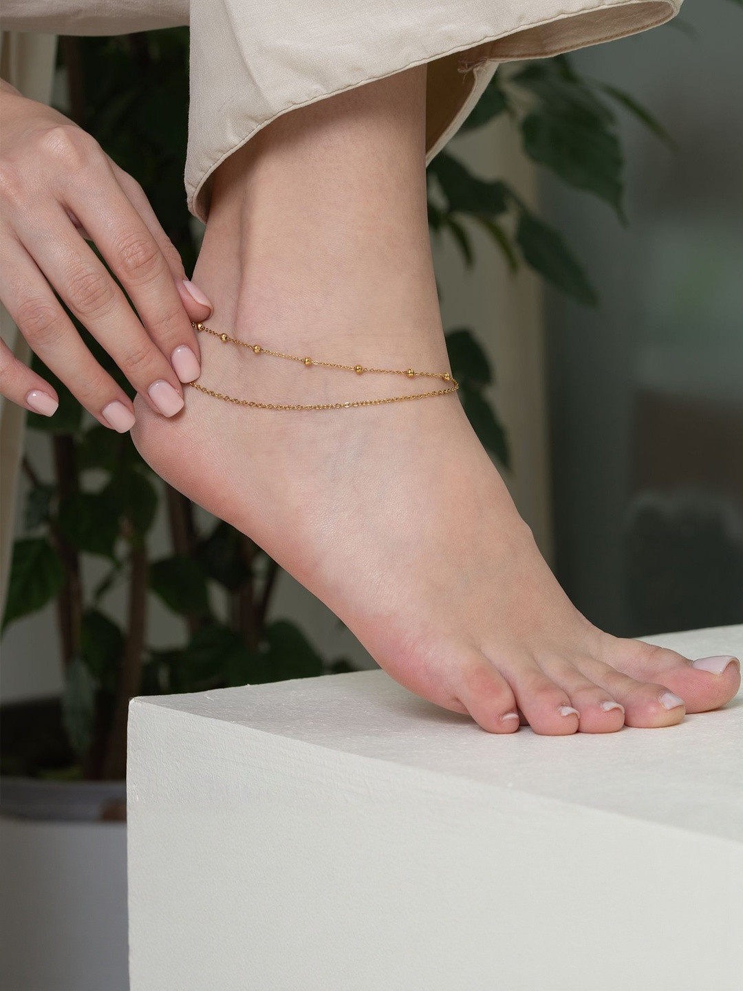 Elinor Jewels Stainless Steel 18 k Gold-Plated Double Layer Waterproof Anti Tarnish Anklet