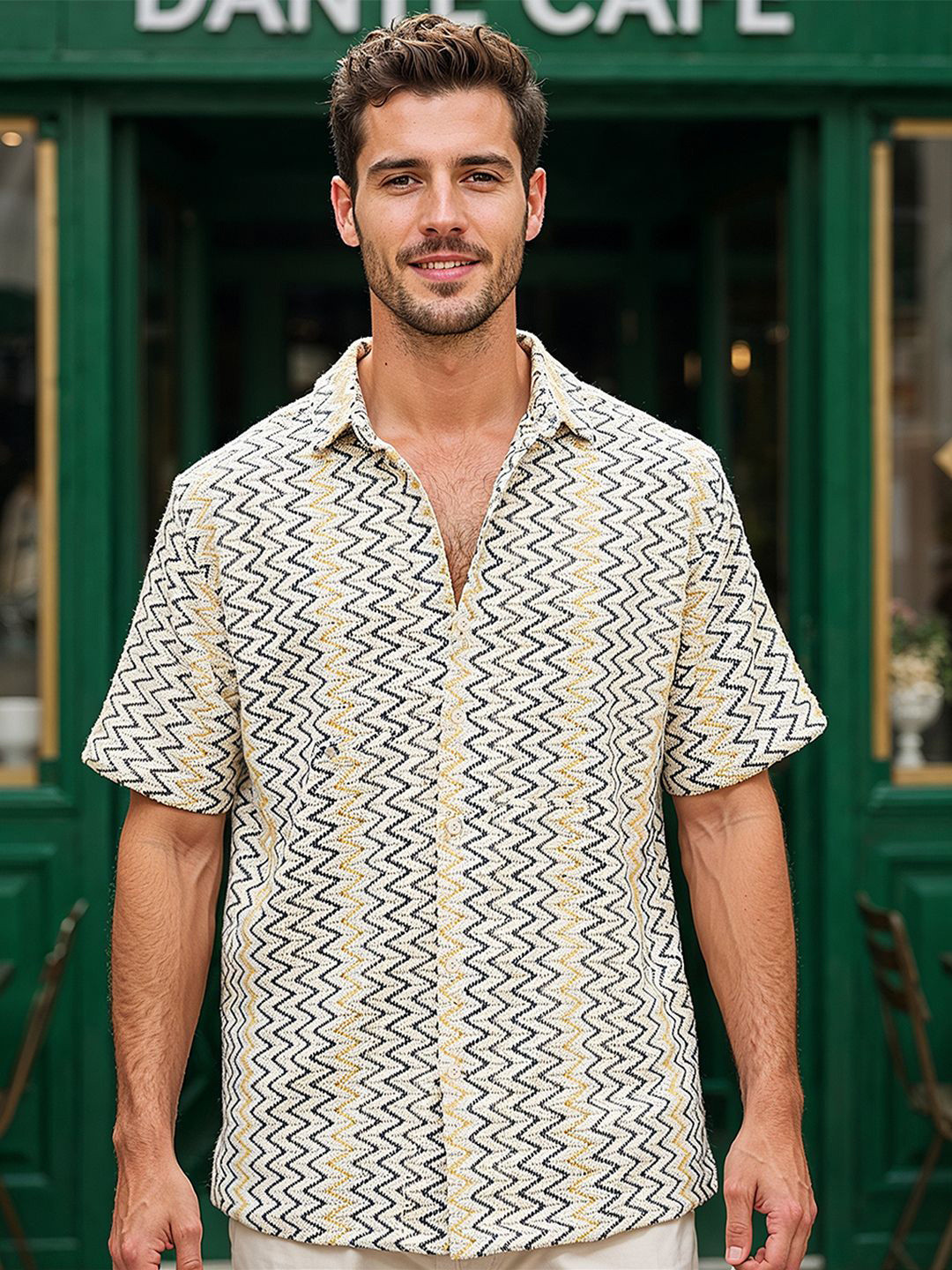 Bewakoof Men's Off White Textured Oversized Shirt
