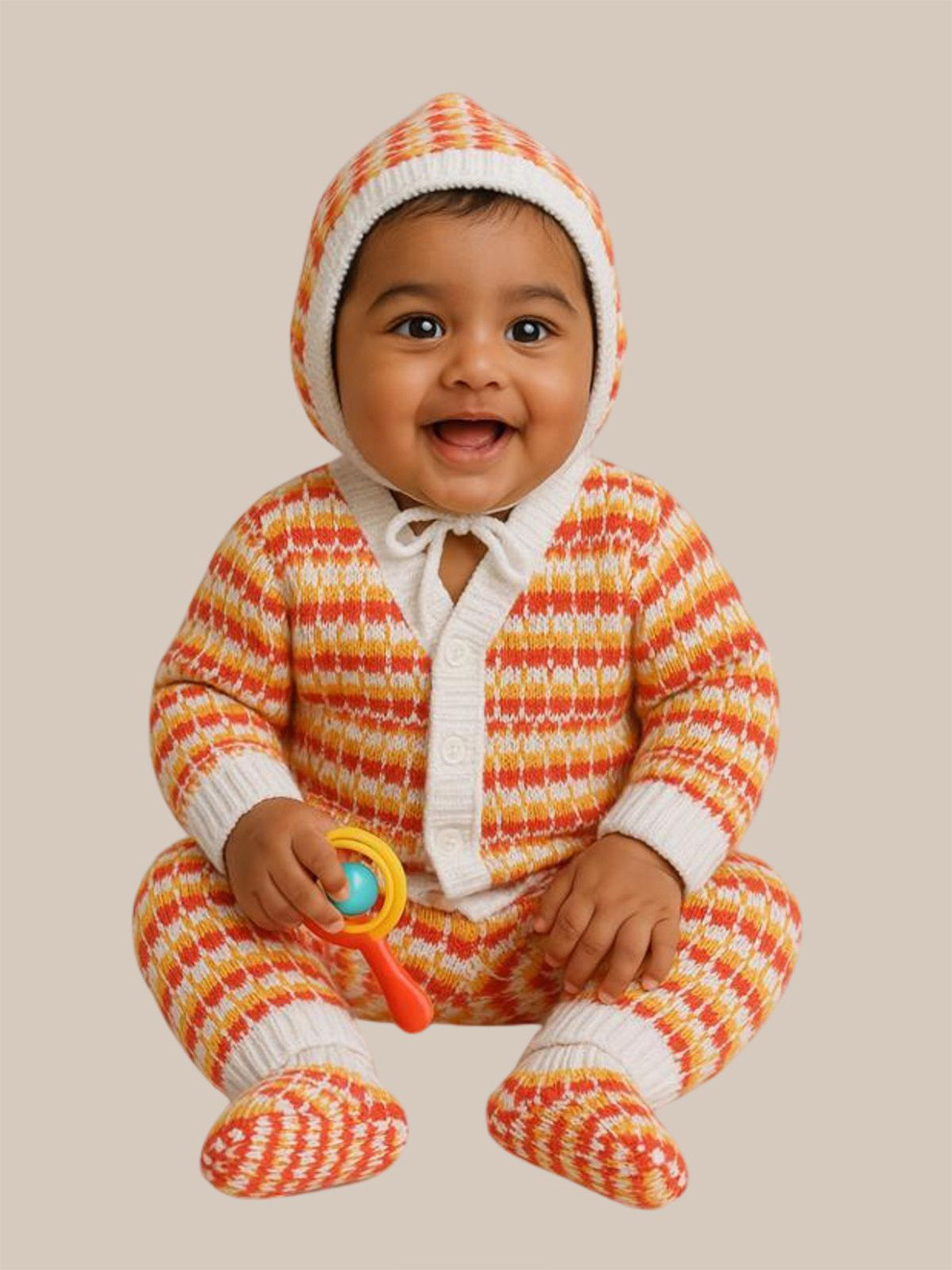 Little Angels Baby Boys Striped V-Neck  Woollen Cardigan Sweaters with Pant,Cap& Socks Set