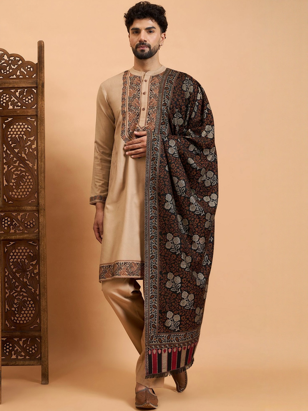 Sangria Men Ethnic Floral Woven Design Shawl With Fringed Border Winter Pashmina