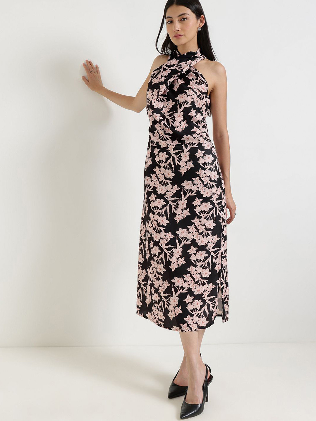 FableStreet Floral Print Halter Neck Satin Midi Dress