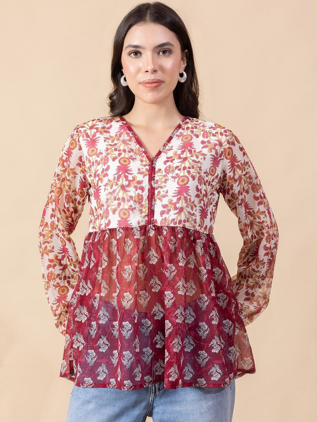MASAMI Women Maroon and White Floral Printed Top