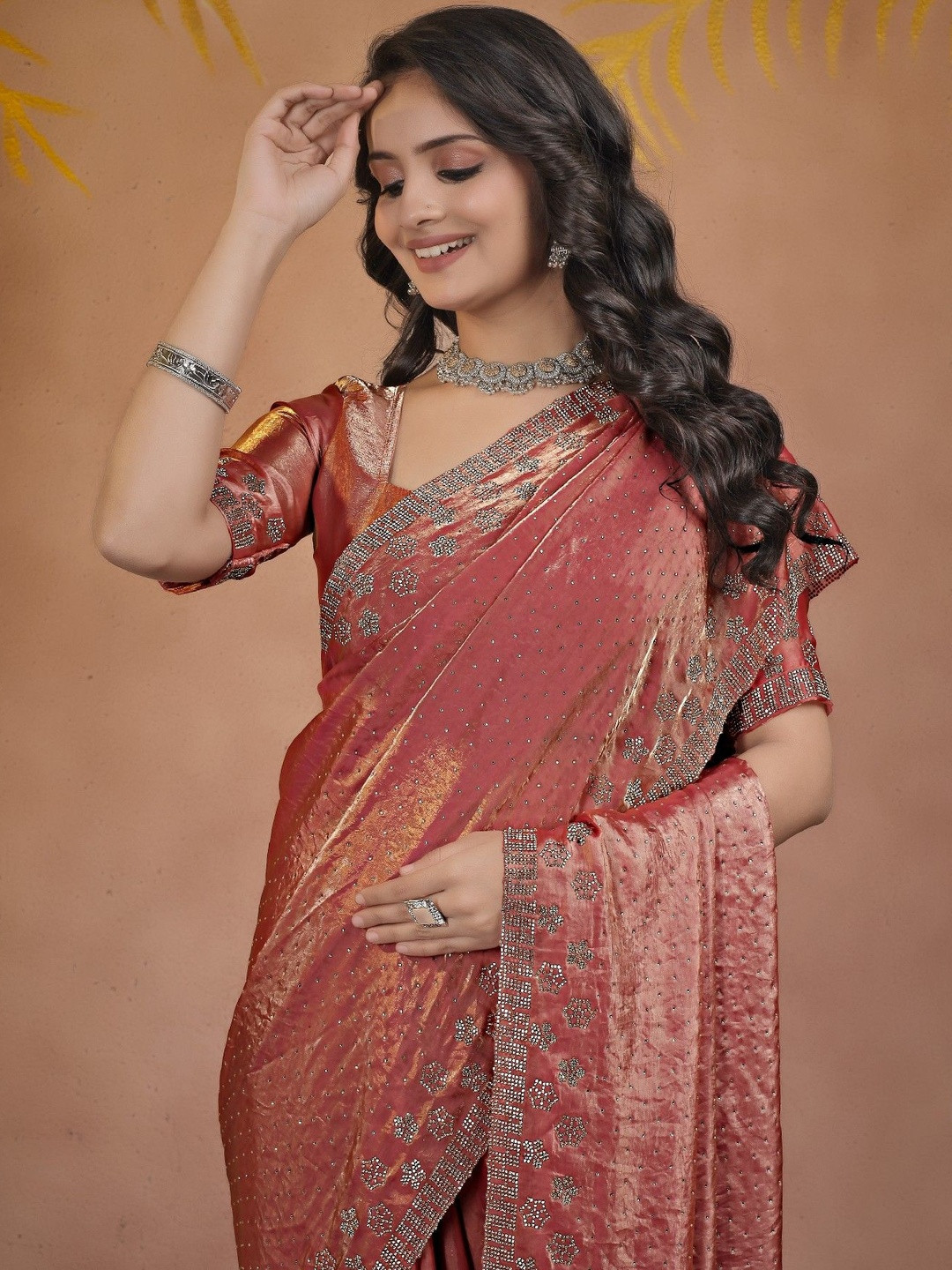 LDF studio Embellished Beads and Stones Satin Heavy Work Saree