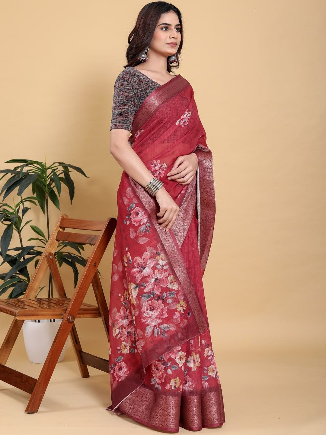 GOHILL ENTERPRISE Floral Pure Linen Handloom Saree