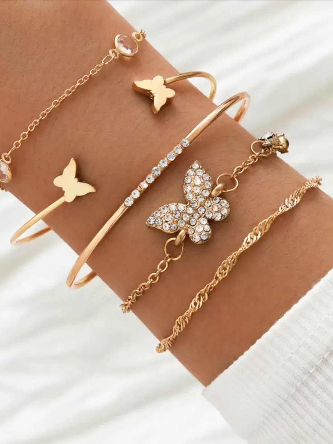 DressBerry Set Of 5 Gold-Plated American Diamond Studded Charm Bracelet
