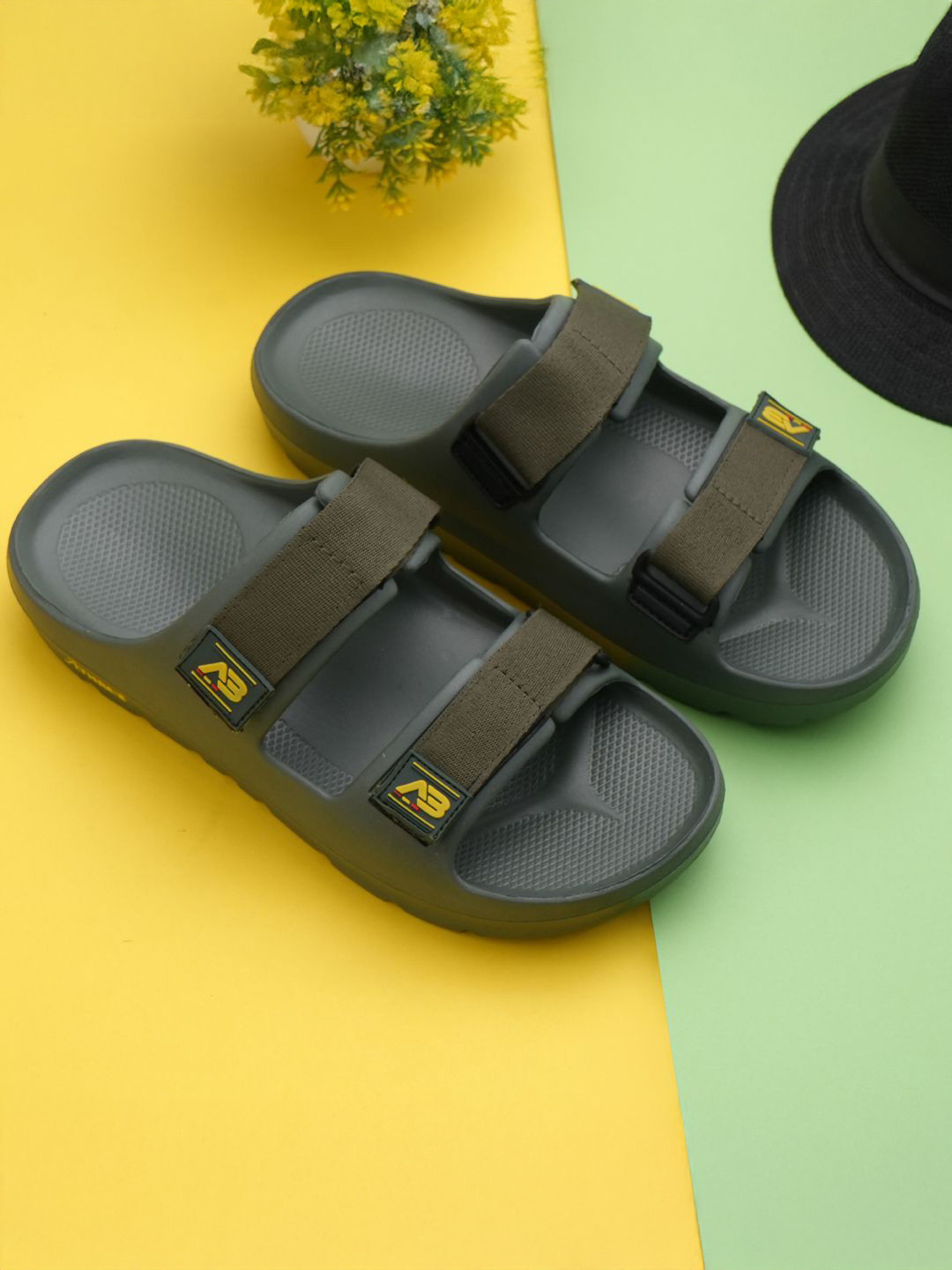 Athree Men Rubber Double Strap Velcro Sliders Flip Flops