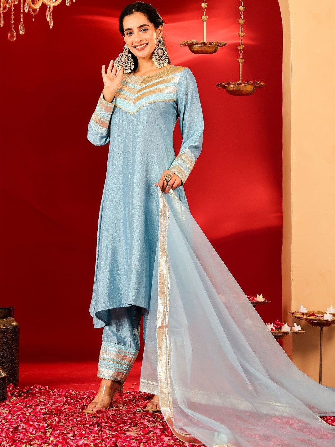 Ragavi A-Line Zari Work Kurta With Trousers & Dupatta