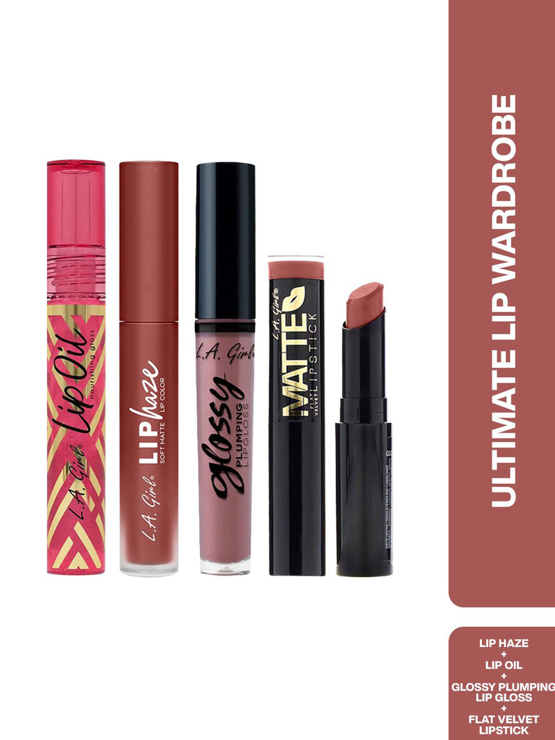 L.A. Girl Set Of 4 Lip Haze- Lip Oil- Glossy Plumping Lip Gloss & Flat Velvet Lipstick