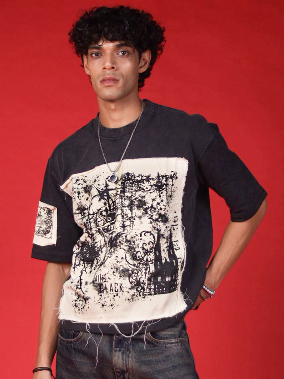 SAINTBLACK Men Patchwork Oversized Raw Edge T-shirt