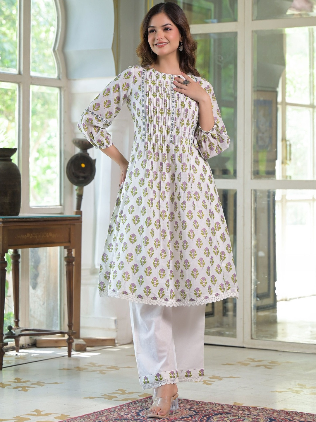 AARAAS Floral Printed Pure Cotton Round Neck Anarkali Kurta With Trouser Co-ords set