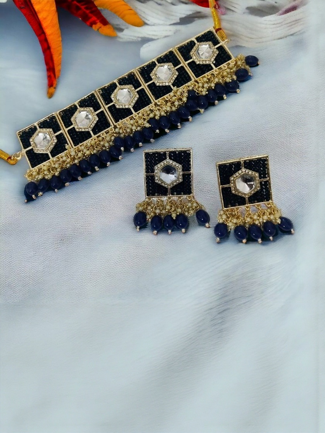 Opal Touch Gold Plated Stones Studded & Pearls Beaded Chocker Jewellery Set