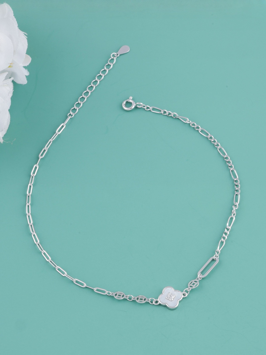 Eri 925 Sterling Silver Artificial Stones Studded Double Heart Charm Anklets