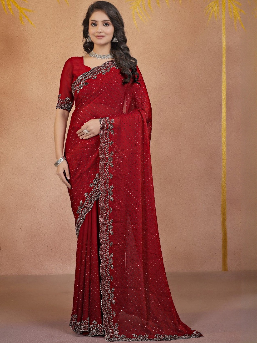 LDF studio Embellished Beads and Stones Tissue Heavy Work Saree