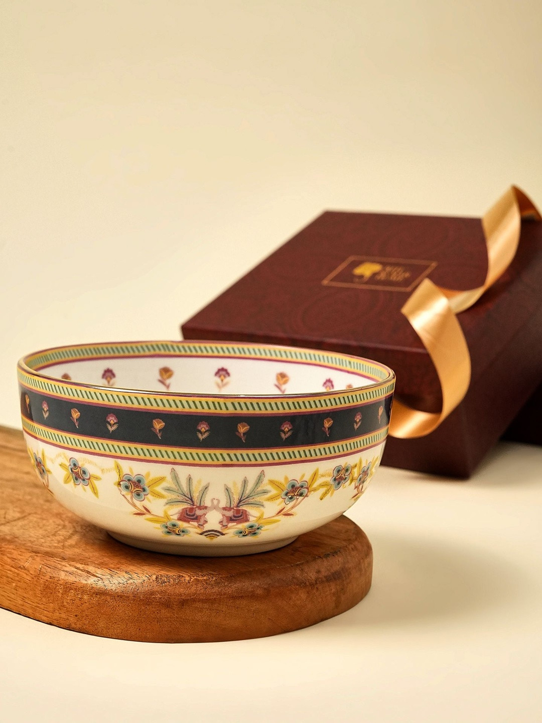 Ritu Kumar White Highlighted with 24k Gold Print Matte Serving Bowl- 750 ml