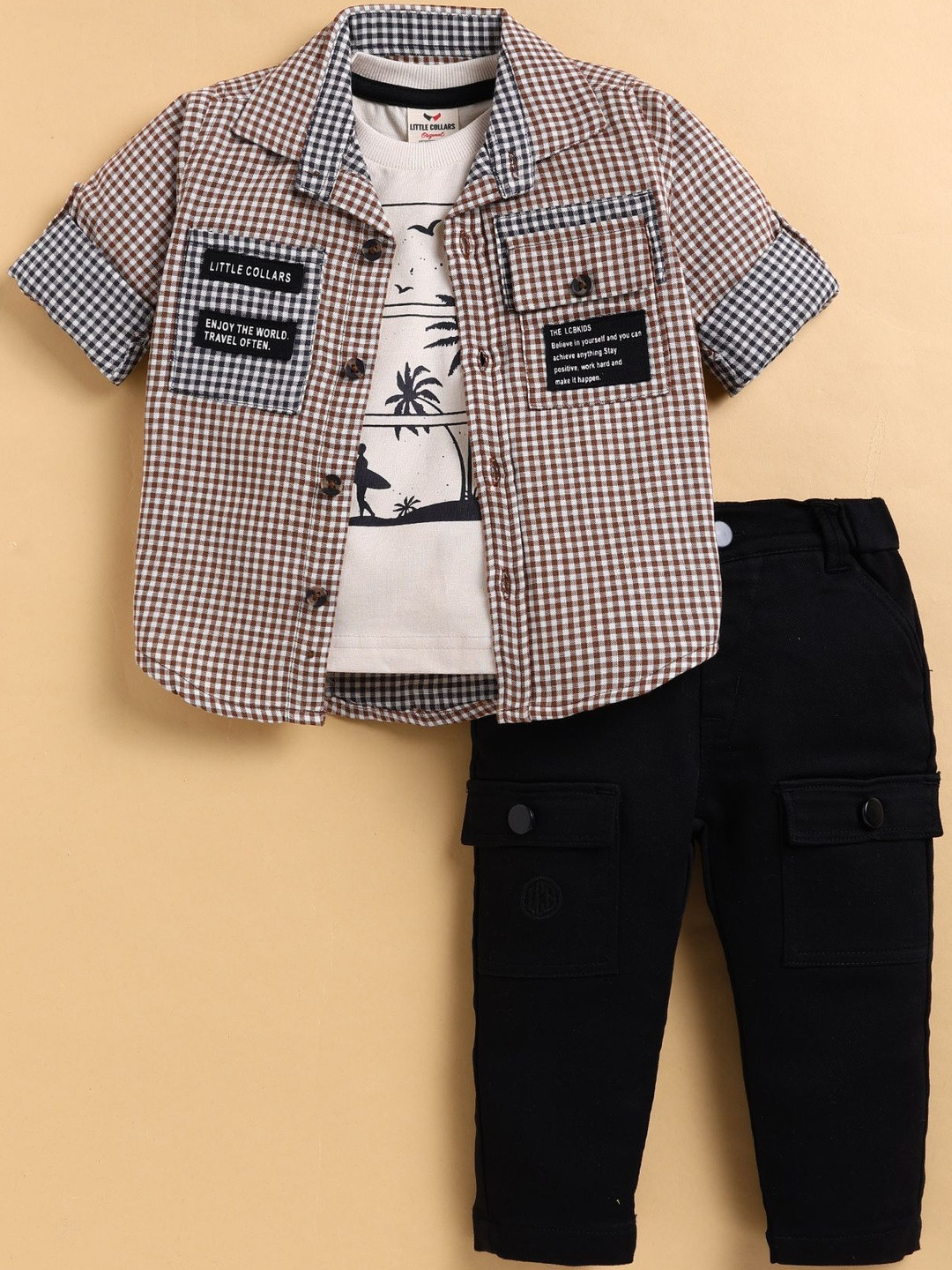 LITTLE COLLARS Boys Checked Polo Collar Long Sleeves Shirt With Trousers