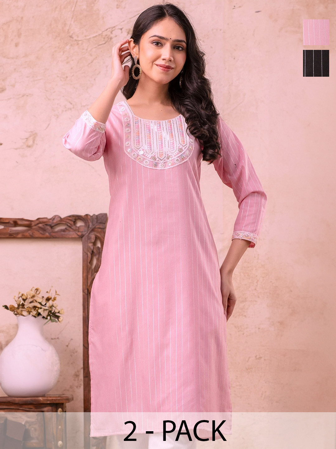 AUZAAI COLLECTION Selection Of 2 Striped Beads & Stones Round Neck Straight Cotton Kurtas