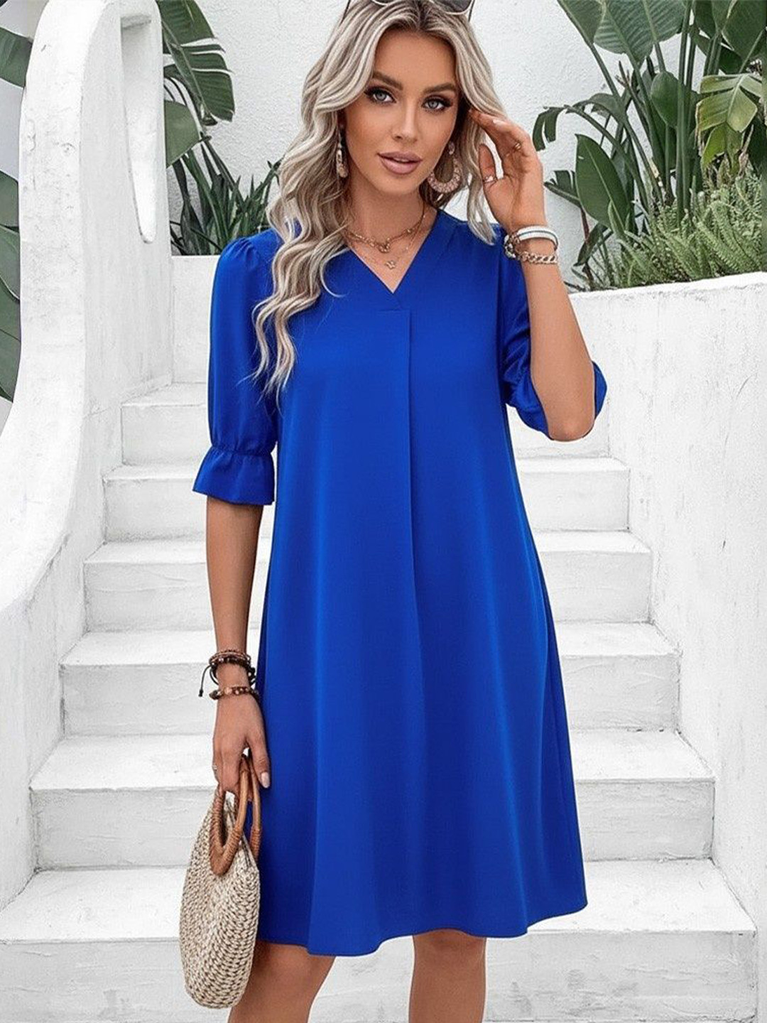 Elchic Women V-Neck Bell Sleeves Above Knee A-Line Dress