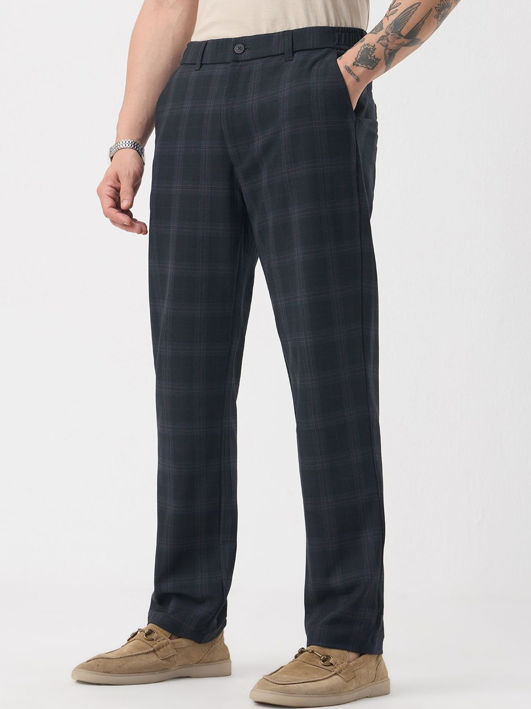The Souled Store Men Navy Checks Classic Straight Fit Super Pants