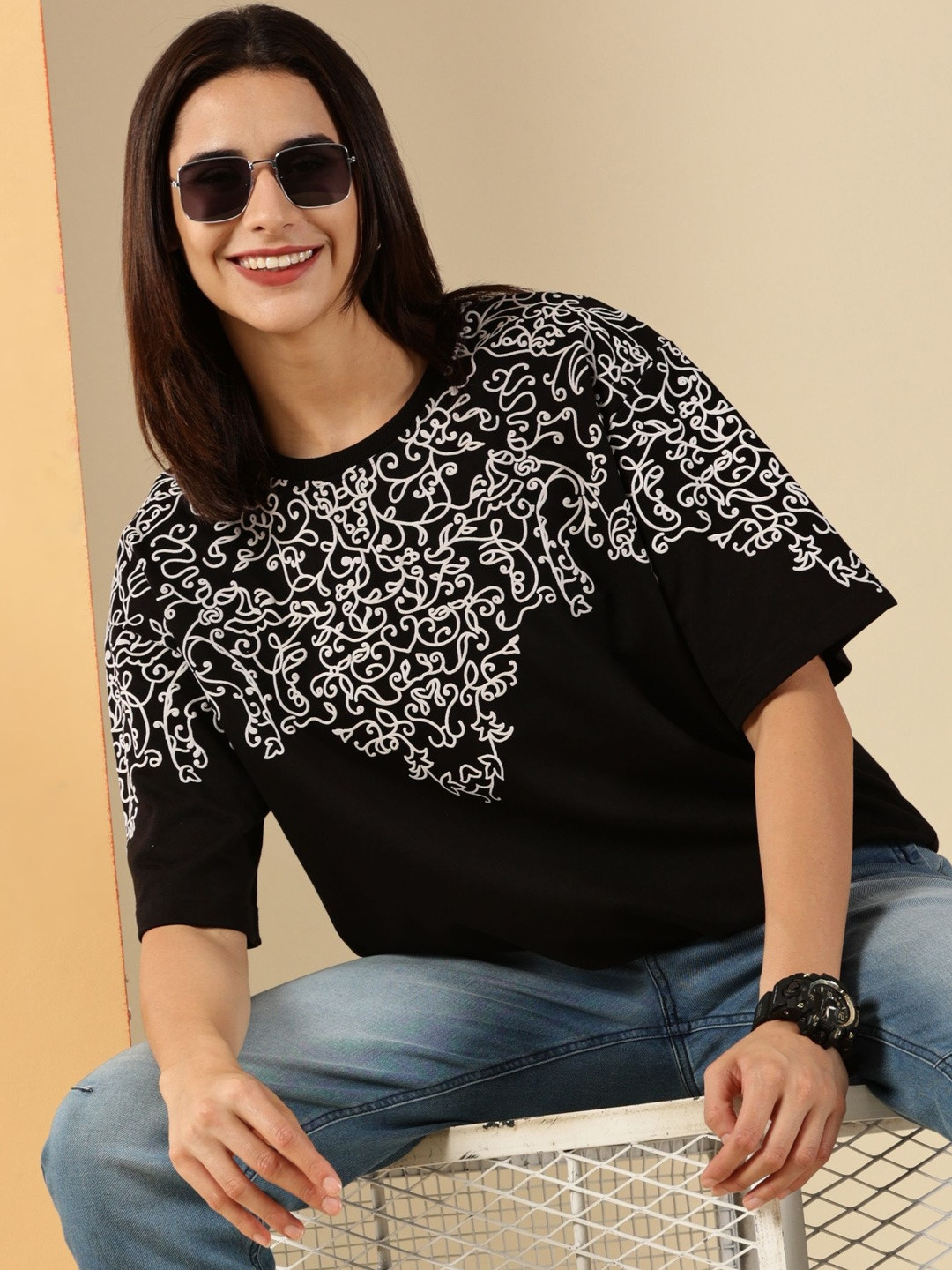 Own The Look Abstract Printed Pure Cotton Oversized T-shirt