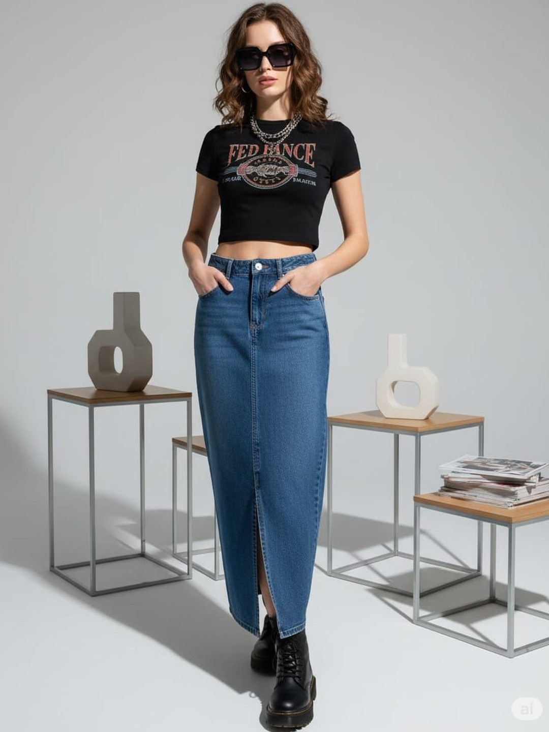 HIGH BUY Women Denim Front Slit Maxi Skirt