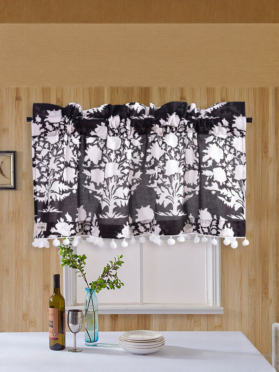 HANDICRAFT PALACE Black Floral Printed Cotton Lightweight  Window Rod Pocket Curtain