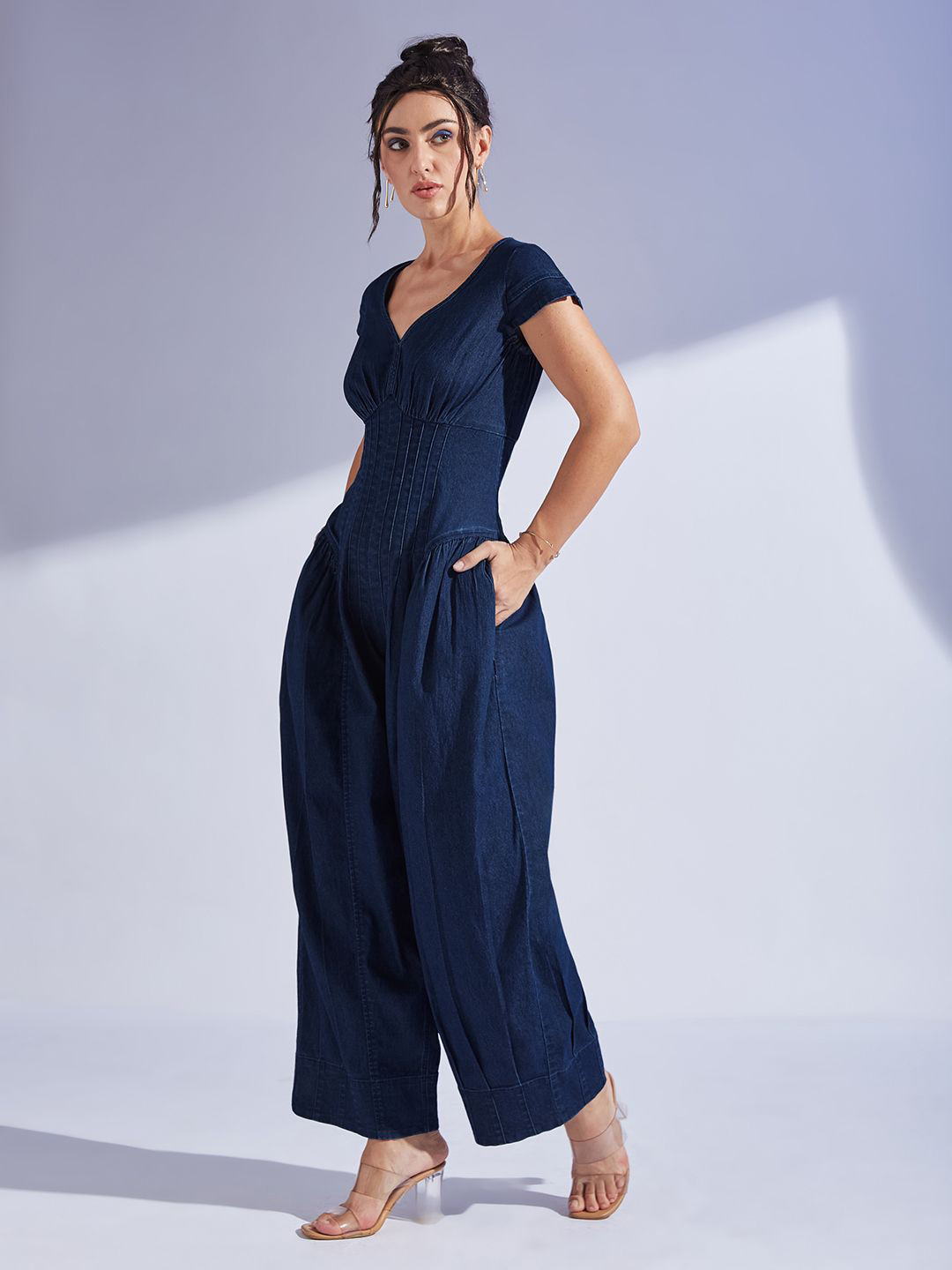 Miss Chase Women Sweetheart Neck Cap Sleeve Pin Tucked Dhoti Style Denim Jumpsuit