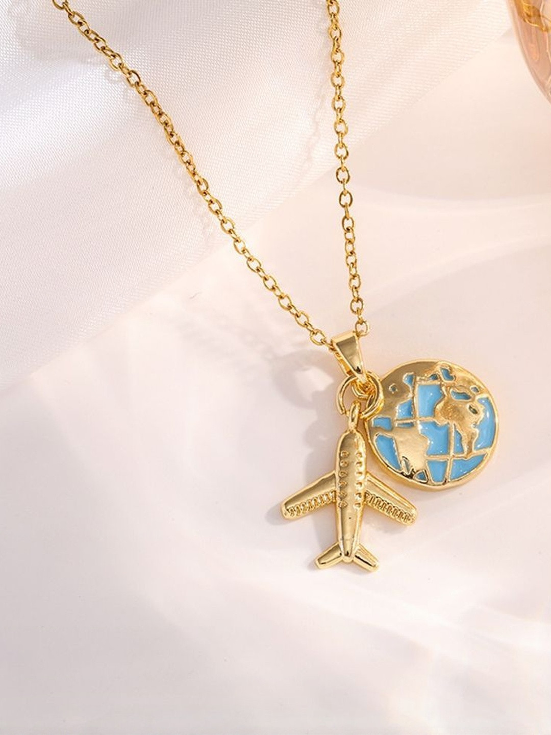 MYKI Women Gold-Plated Globe and Airplane Pendants with Chains