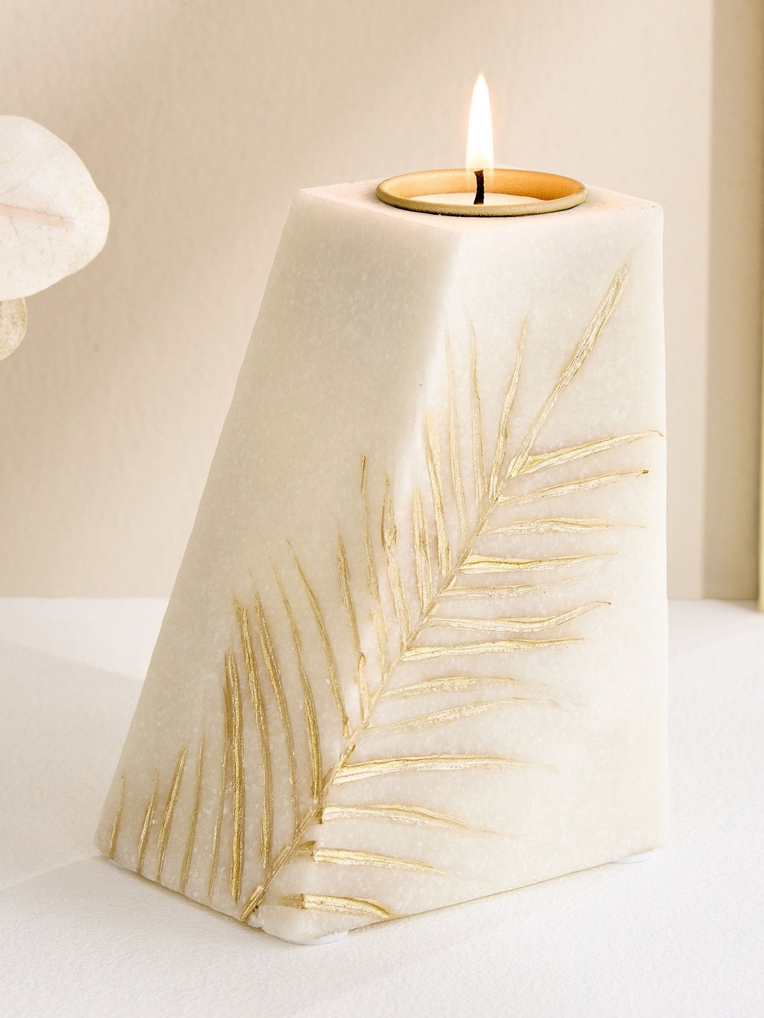 Home Centre Off White & Gold-Toned Ceramic Leaf Print Candle Holder