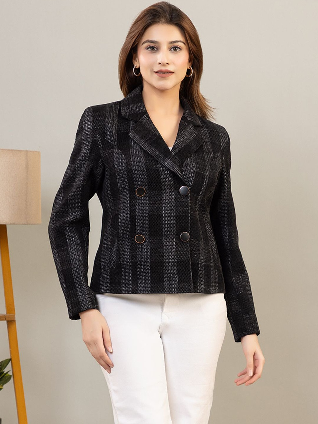 TWENTY ME Checked Notched Lapel Collared Double-Breasted Blazer