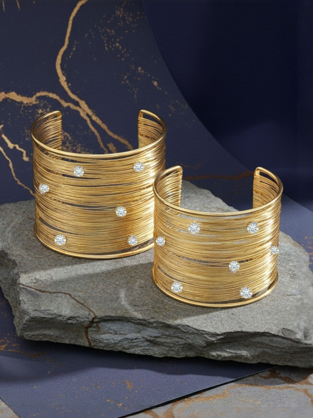 MANSIYAORANGE Set Of 2 American Gold-Plated Diamond Studded Cuff Bracelet