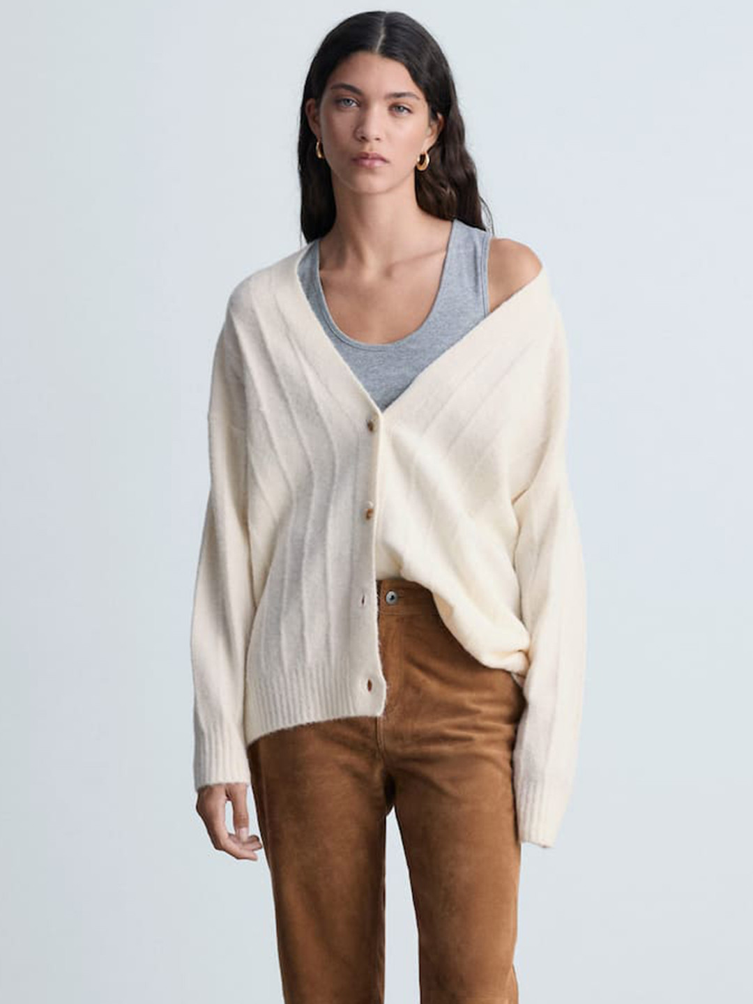 MANGO Self Striped Cardigan with Fuzzy Detail