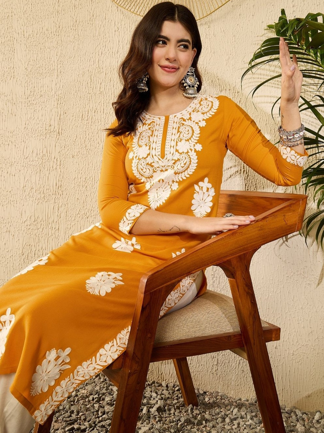 KALINI Women Yellow Viscose Rayon Round Neck Embroidered Straight Kurta
