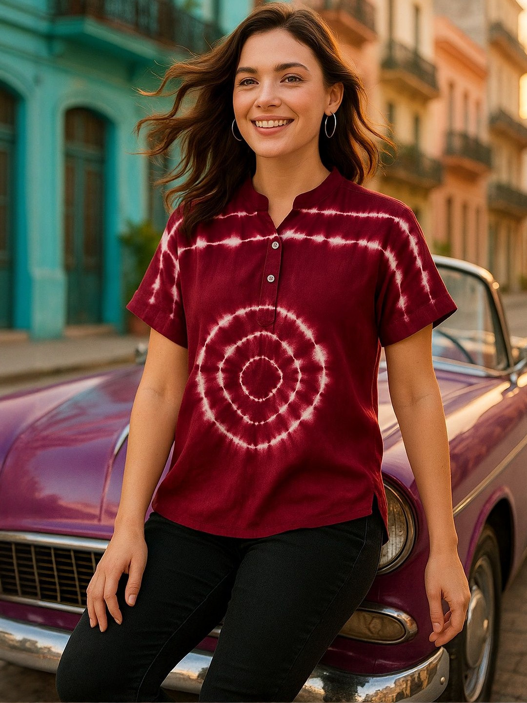 Chandbaali Women Tie and Dye Dyed Mandarin Collar Top