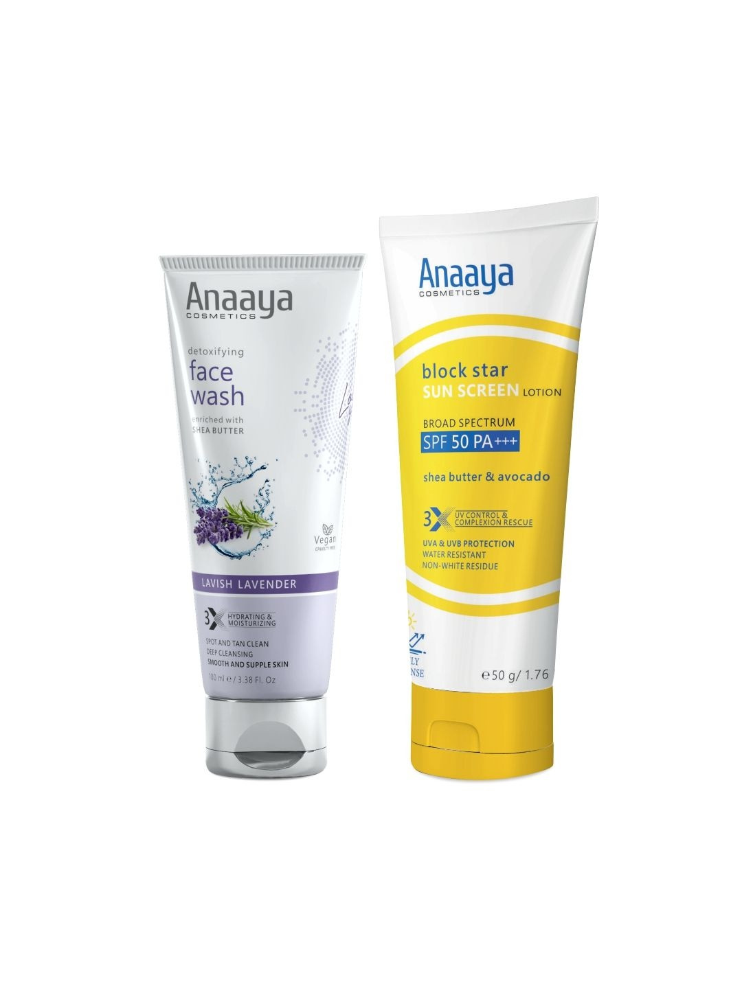 Anaaya Cosmetics Set Of 2 Block Star Sunscreen - 50 ml & Lavish Lavender Face Wash - 100ml