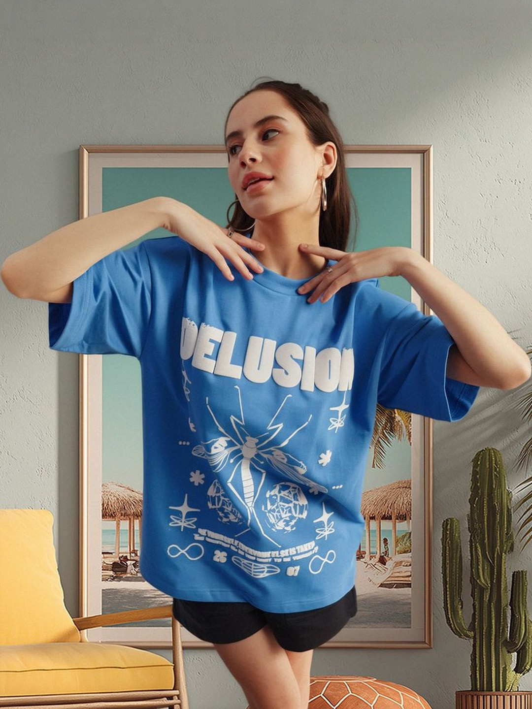Crazy Mosquitoes Graphic Printed Drop Shoulder Sleeves Oversized Cotton T-shirt
