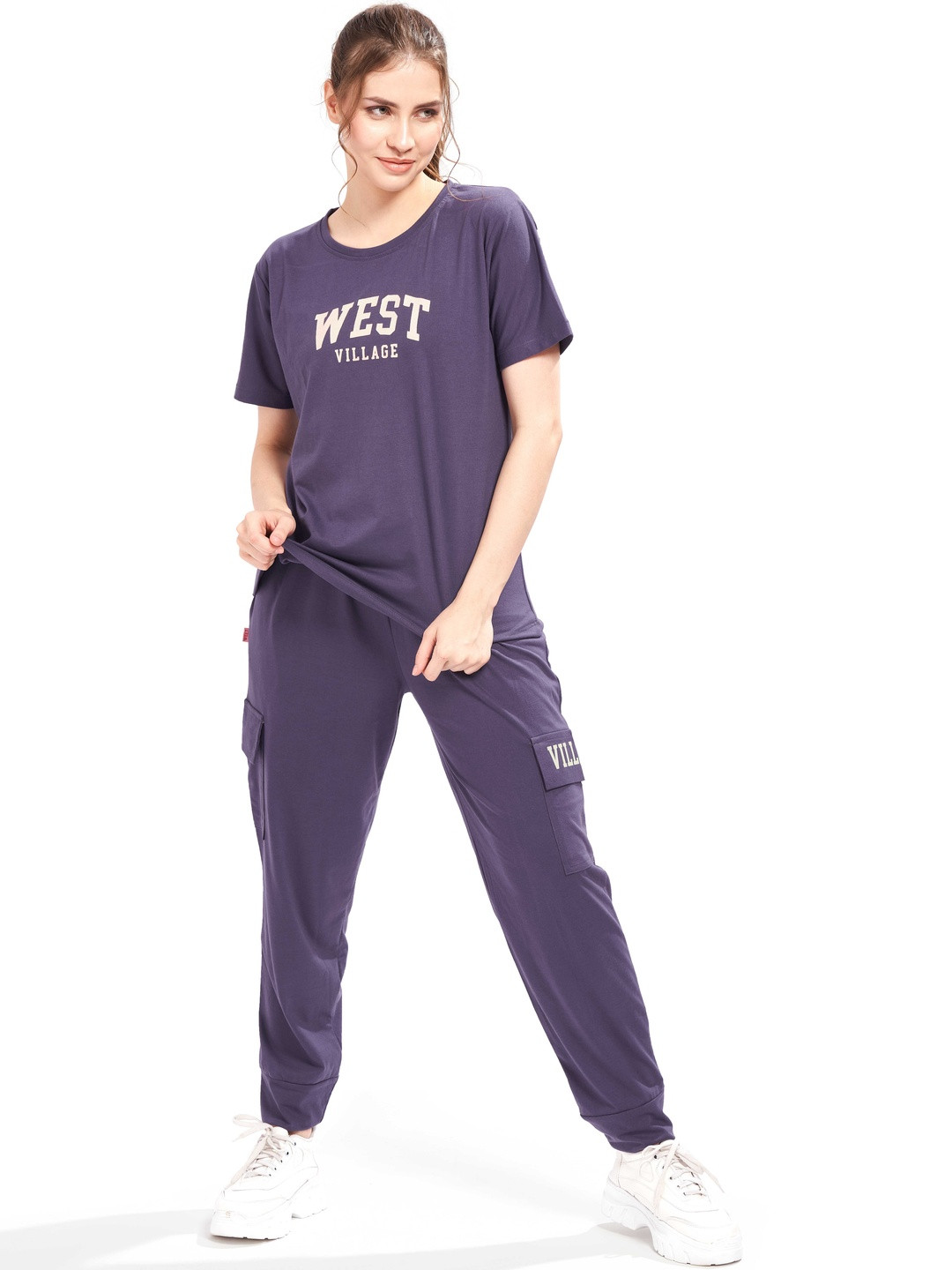 WEET Women Printed T-Shirt and Cargo Style Joggers Pant