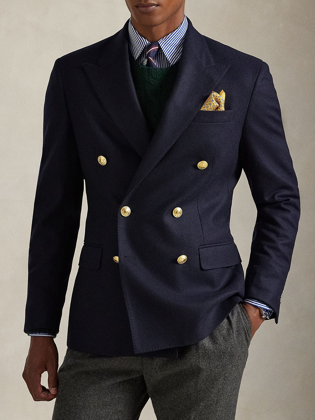 Polo Ralph Lauren Peaked Lapel Woolen Double Breasted Flannel Blazer