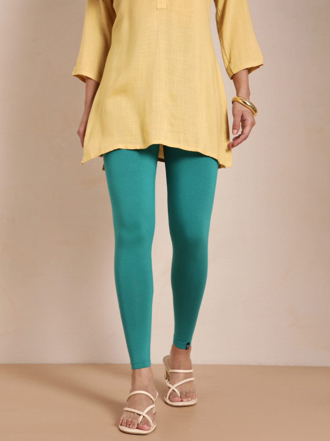 TWIN BIRDS Women Teal Green Solid Lapis Ankle-Length Leggings