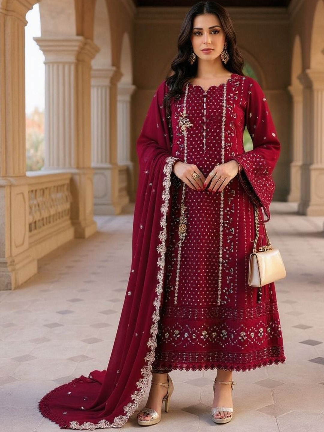 DEALBAZAARS CORPORATION WITH DB LOGO Embroidered Georgette Semi-Stitched Dress Material