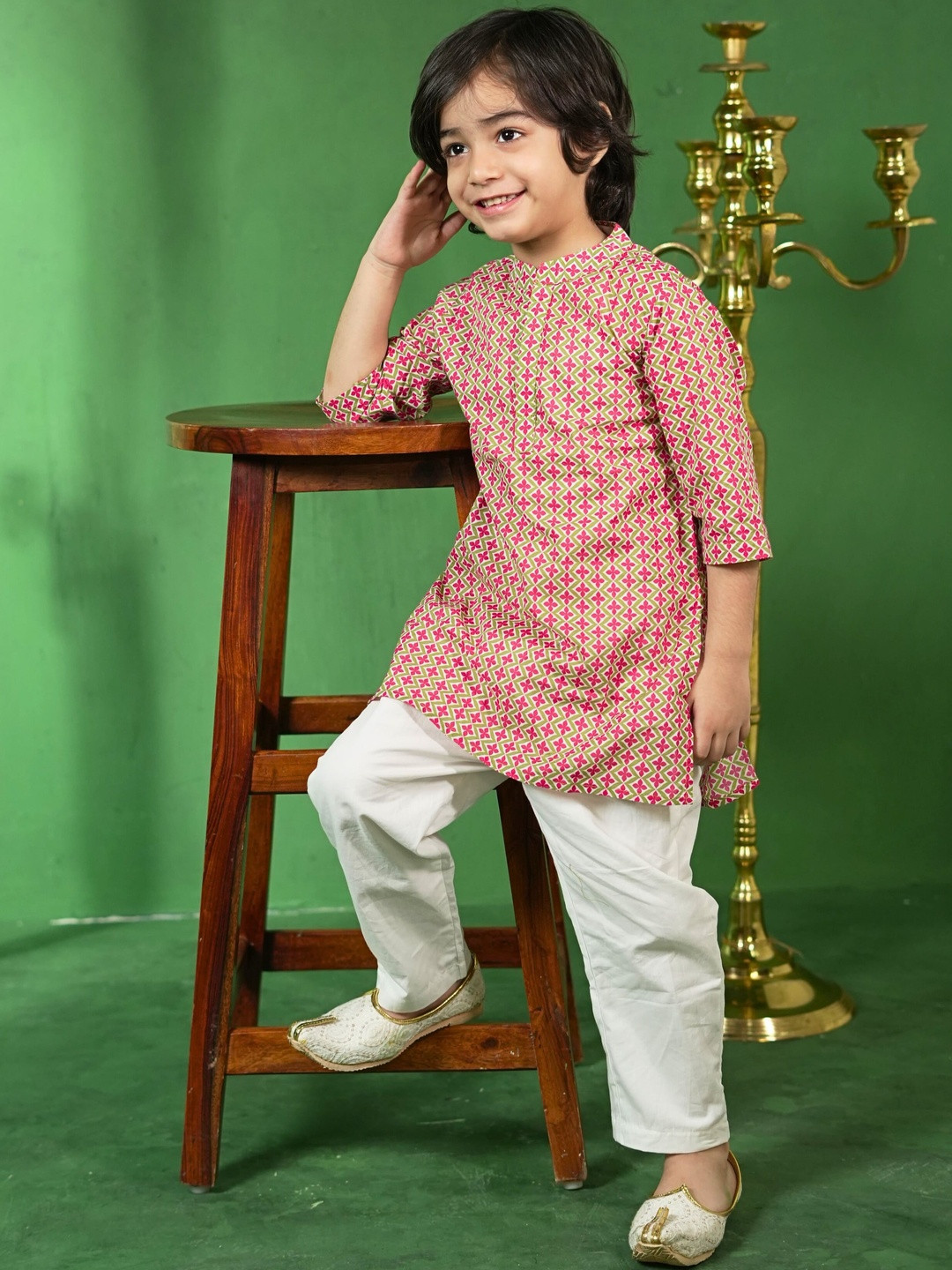 Puddle Fashion Boys Geometric Printed Mandarin Collar Pure Cotton Kurta With Pyjamas