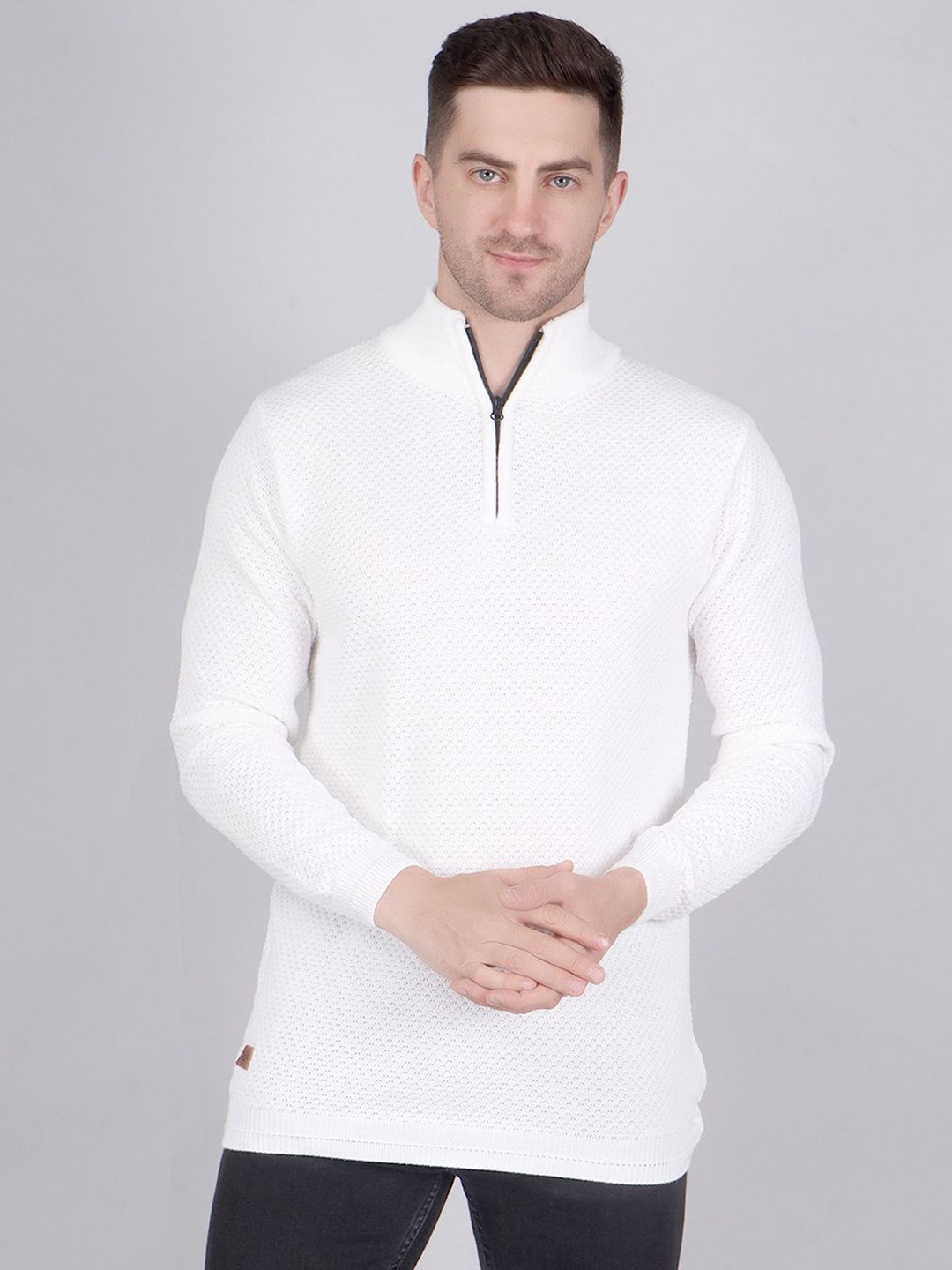 The Roadster Lifestyle Co. Men Textured Acrylic High-Neck Sweater with Zip Closure