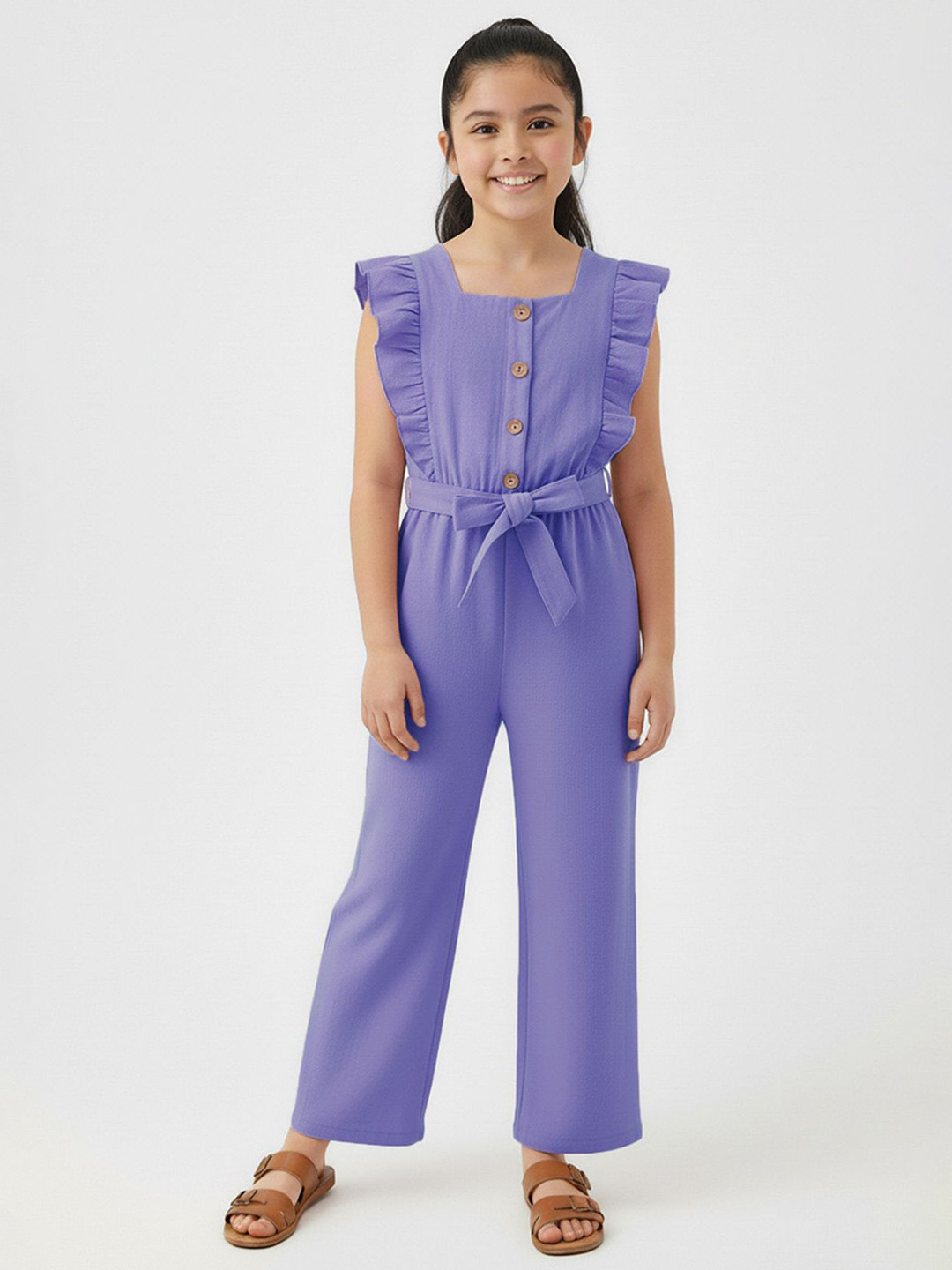 YK X Trampoline Girls Square Neck Sleeveless Cotton Basic Jumpsuit with Belt