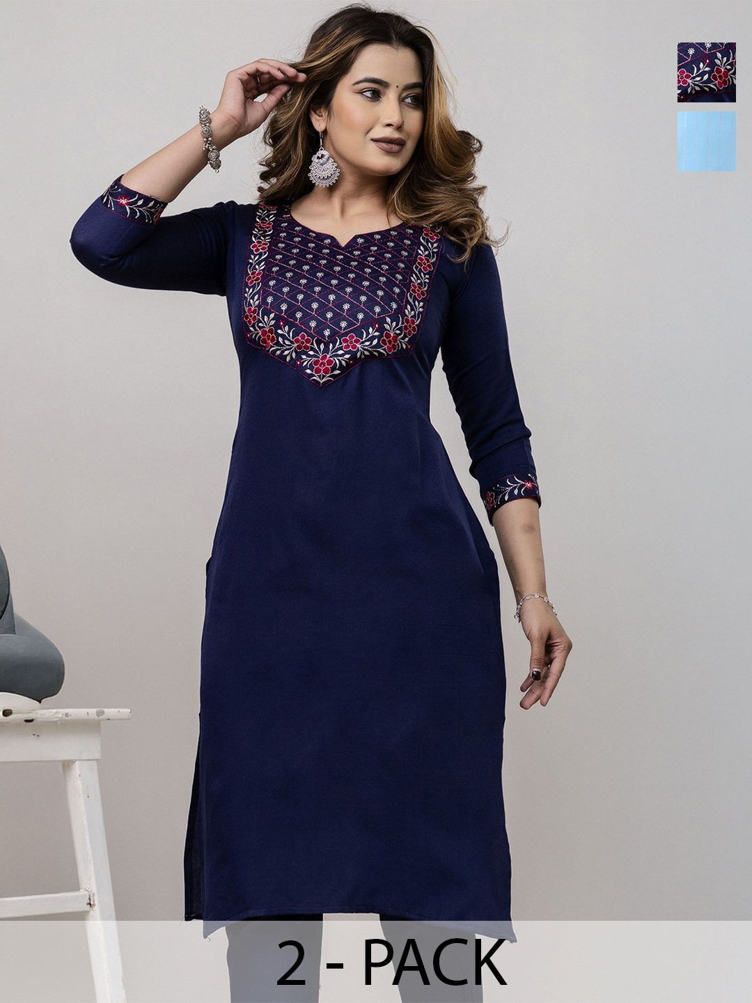 AUZAAI COLLECTION Selection Of 2 Floral Yoke Design Mirror Work Cotton Straight Kurtas