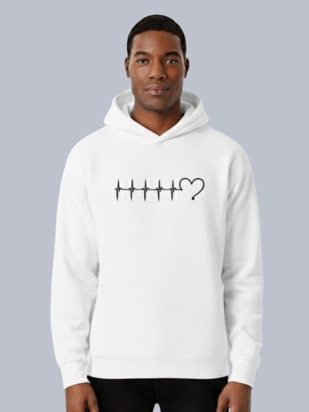 VILLAIN Unisex White Heartbeat Graphic Printed Hooded Pullover Sweatshirt