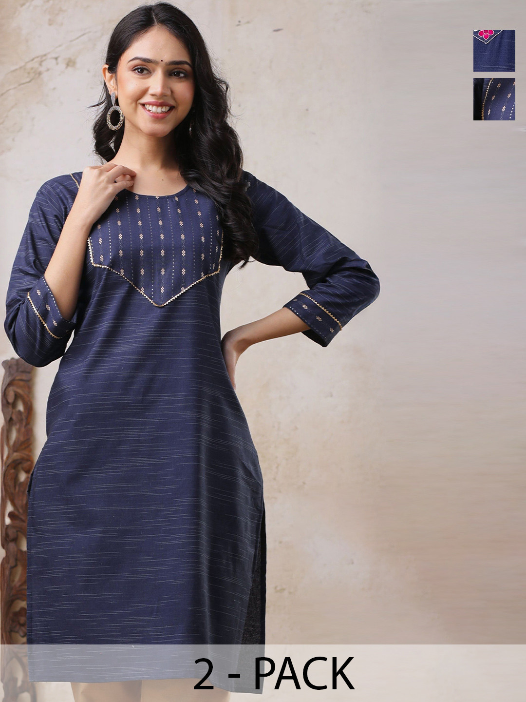AUZAAI COLLECTION Selection Of 2 Woven Design Thread Work Pure Cotton Straight Kurtas