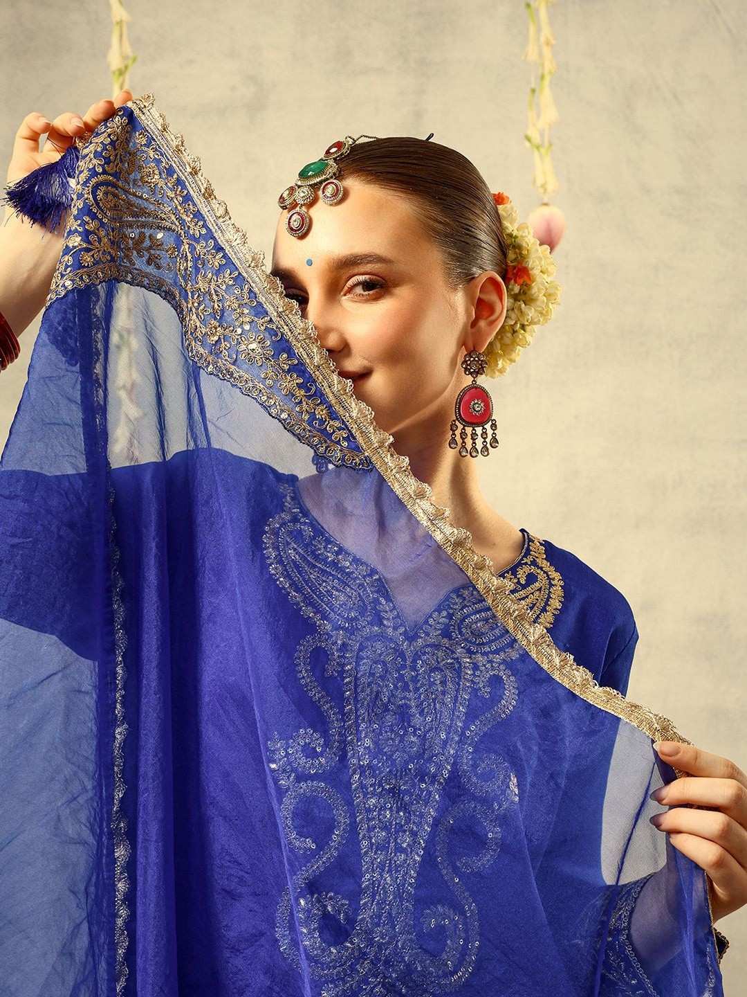 Ishin Royal Blue Cording & Zari Embroidered Festive Kurta With Trouser & Dupatta