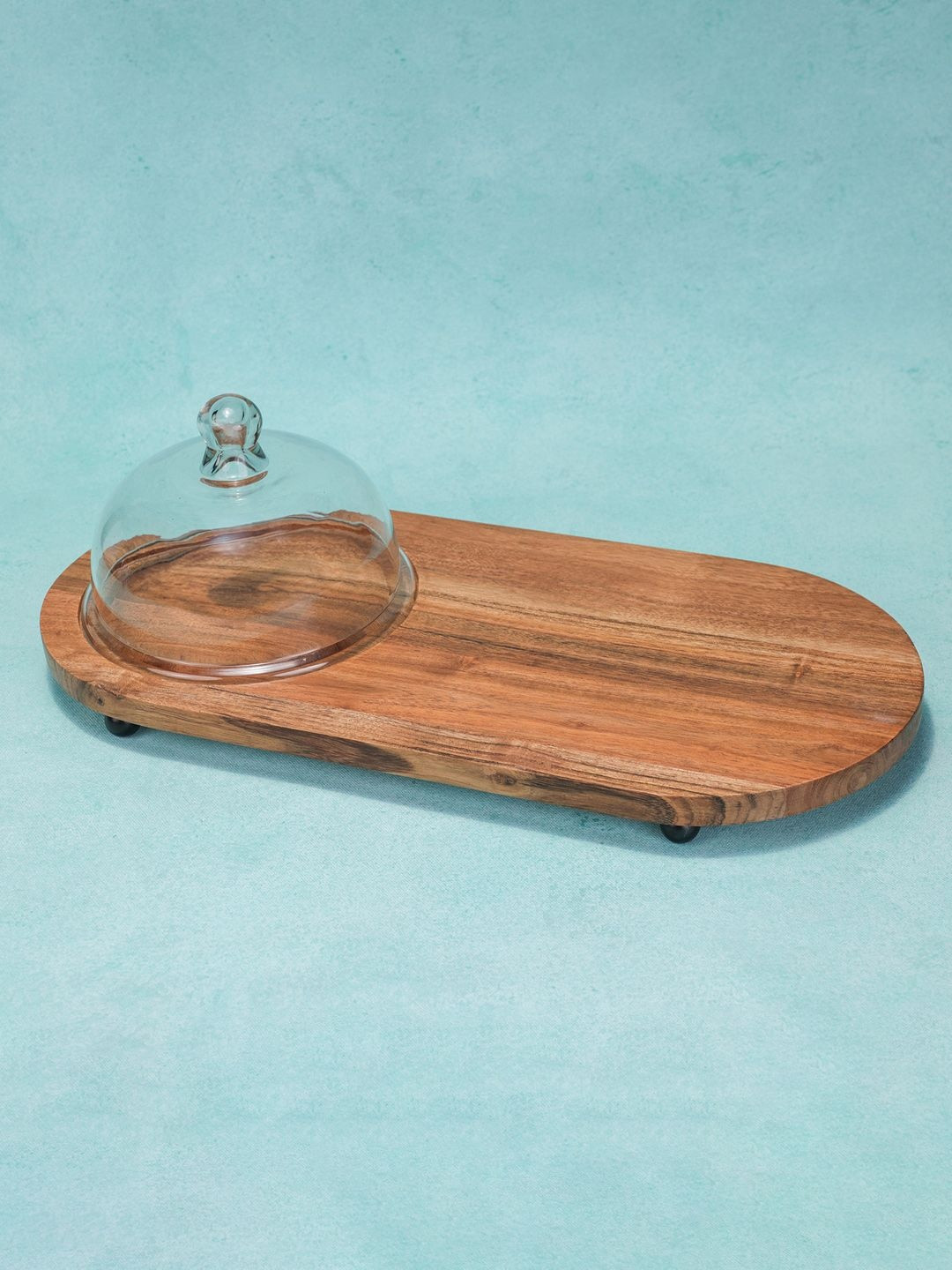 Ireka Homes Dome n Dine Acacia Transparent And Brown Wooden Cake Cloche With Platter