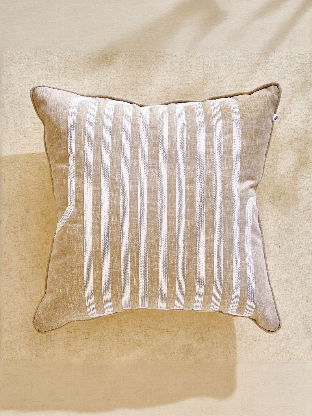 Home Centre Dew Decor Cordmuse Beige & White Embroidered Square Shaped Pre-Filled Cushion